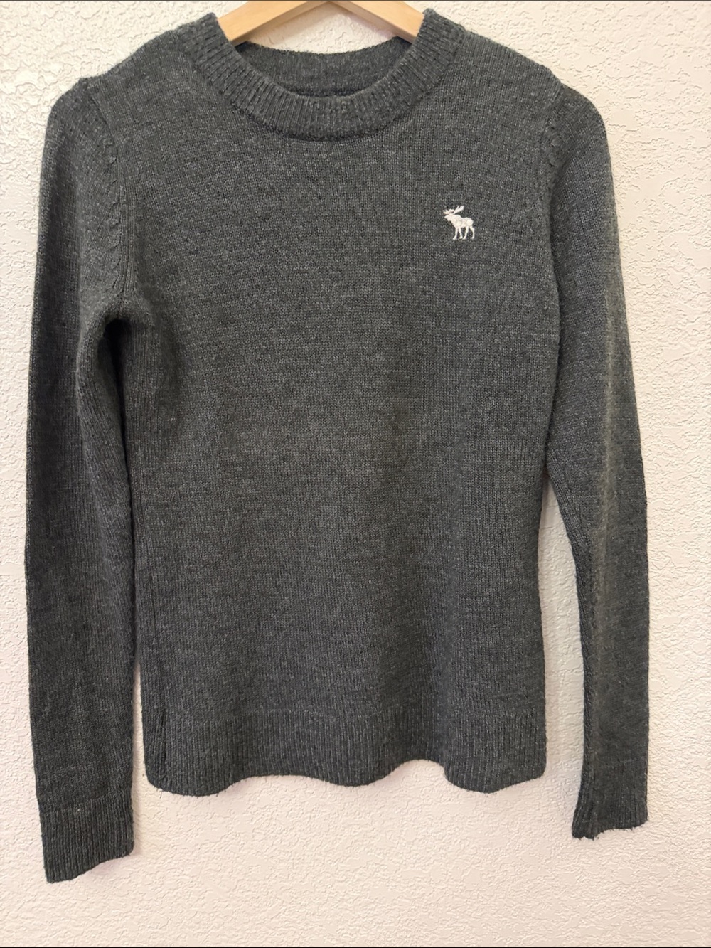 Abercrombie & Fitch Dark Gray Crewneck Sweater with White Moose Logo